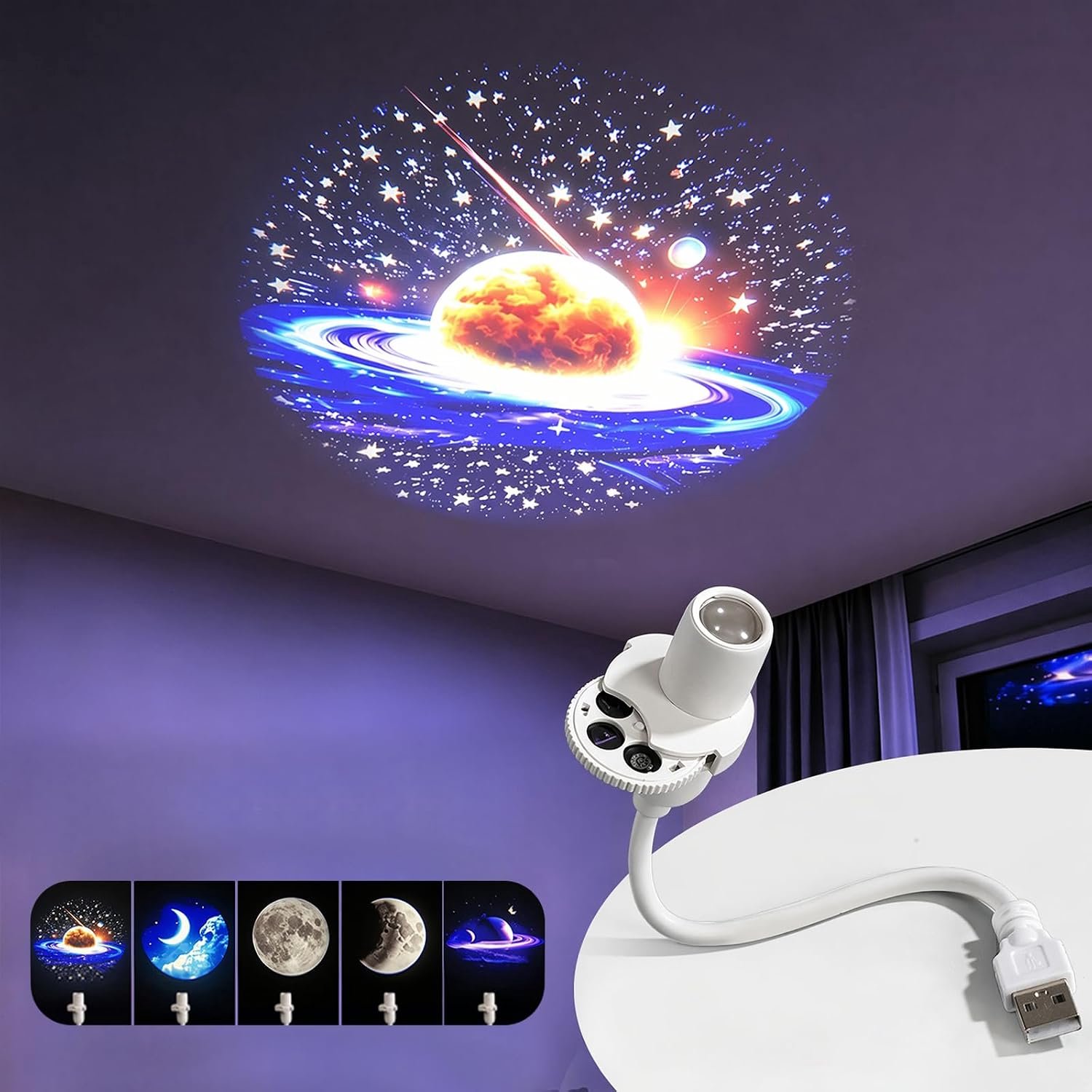 Projectorlamp - Met 5 Patronen - Sterren Projector - Planet Projector - Sterrenhemel projector - Sterren Nachtlamp - Nachtlampje - Galaxy Projector - Sterrenlamp - Plug-and-play - Met 360° Rotatie - Voor kamperen, auto, plafond en wanddecoratie