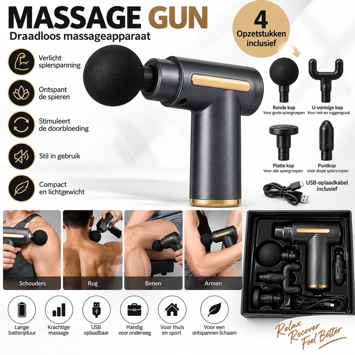 Massage Gun Draadloos Massageapparaat – 4 Opzetstukken – USB Oplaadbaar