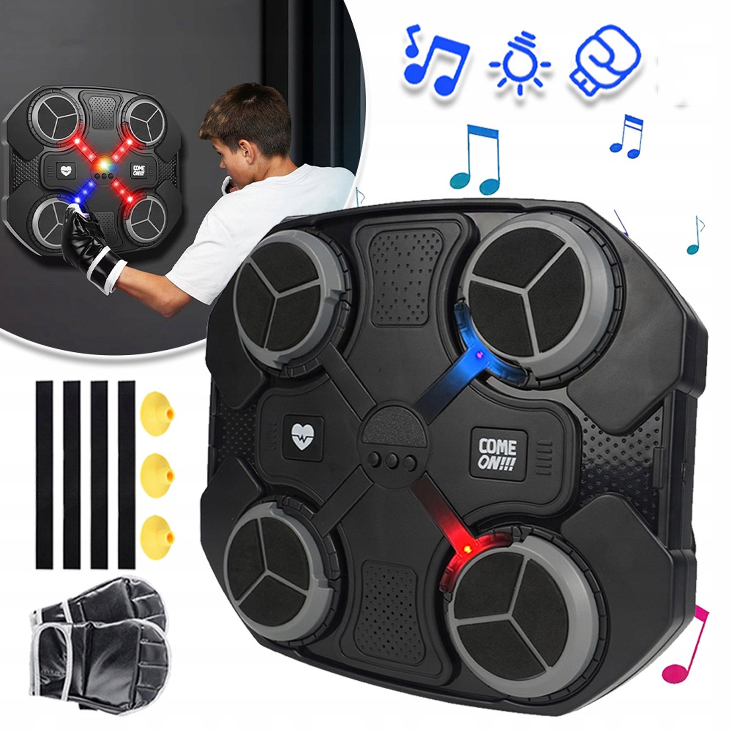 Smart Muziek Boksmachine Voor Wandmontage – Bluetooth Muziek En LED Feedback – 3 Snelheidsstanden En Slimme Sensoren – Wandmontage Zonder Boren – Voor Kinderen En Volwassenen – Zwart