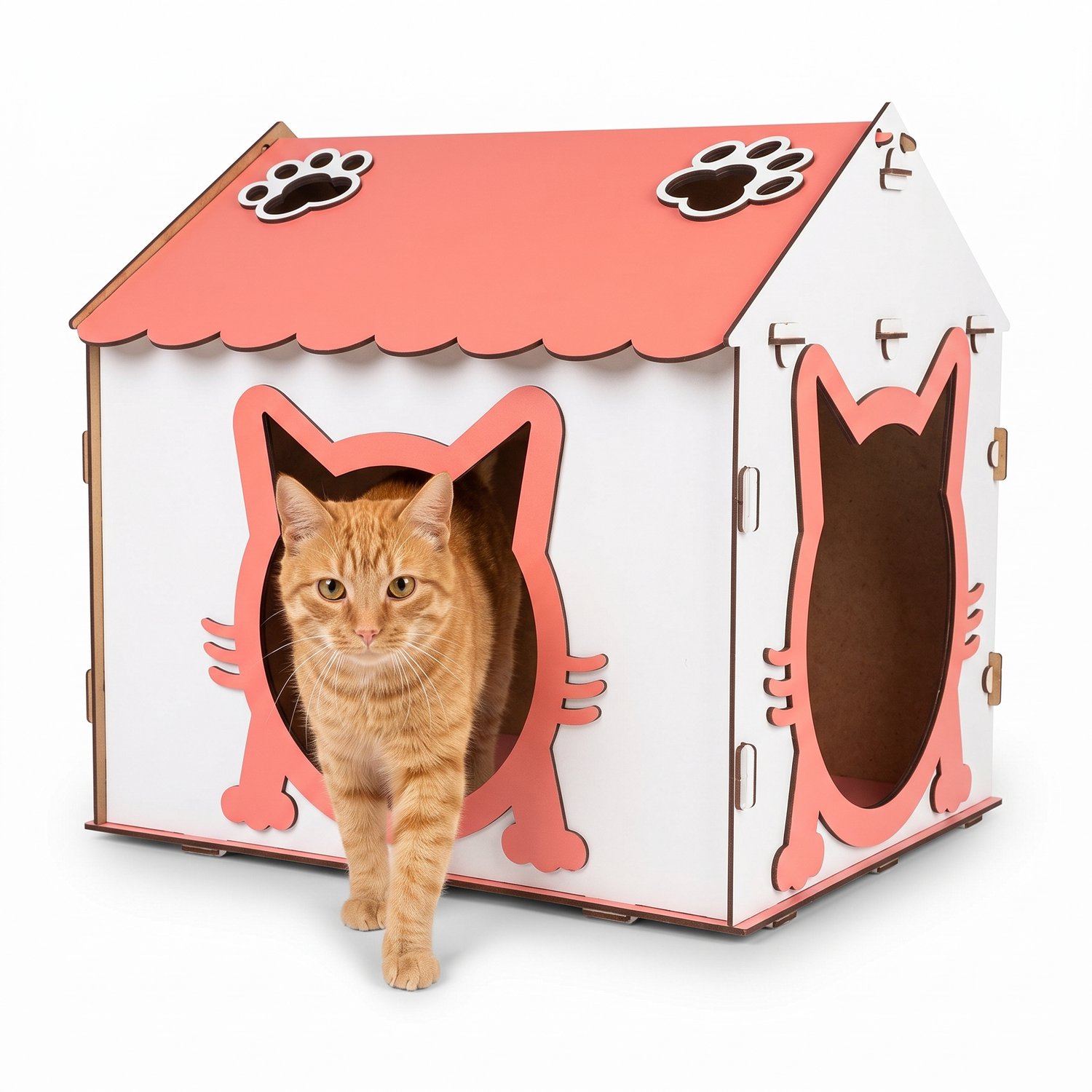 Jungengel Kattenhuisje Binnen Wit-Roze - Kattenhuis van Hout met 2 Ingangen en Dak Opbergruimte - Kattenhuizen Katten Huisje Kattenmeubel Kattenhok Kattenmand - Rustplek Slaapplaats voor Kat - 37,5 x 42 x 40 cm