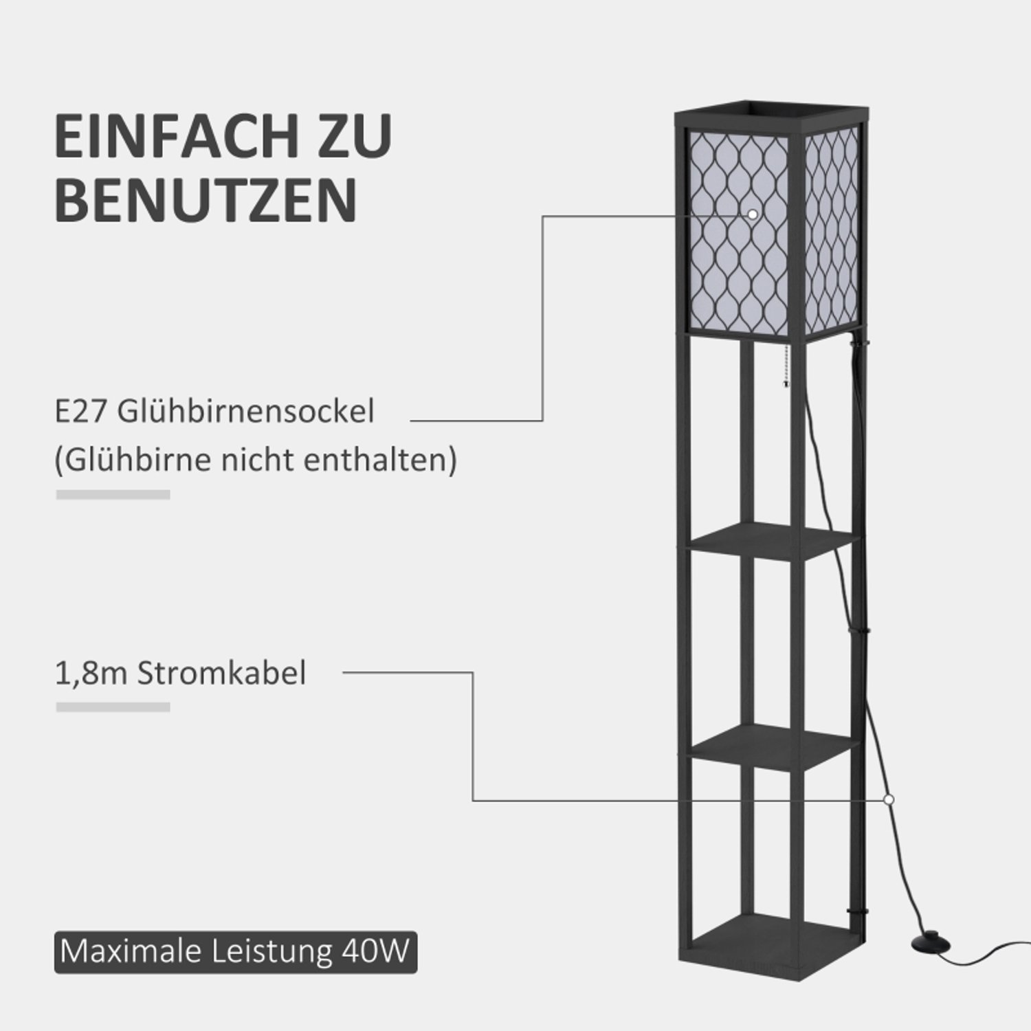 MIVRAY Staande Lamp – Met Planken – 26 x 26 x 160 cm – MDF – Zwart – E27 Maximaal 40 W – Textielen Lampenkap – Woonkamer Slaapkamer