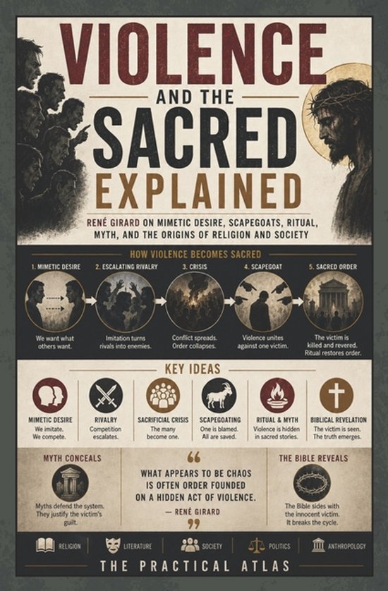 Infographic over 'Violence and the Sacred Explained' met thema's als mimetisch verlangen, zondebokken en bijbelse openbaring.