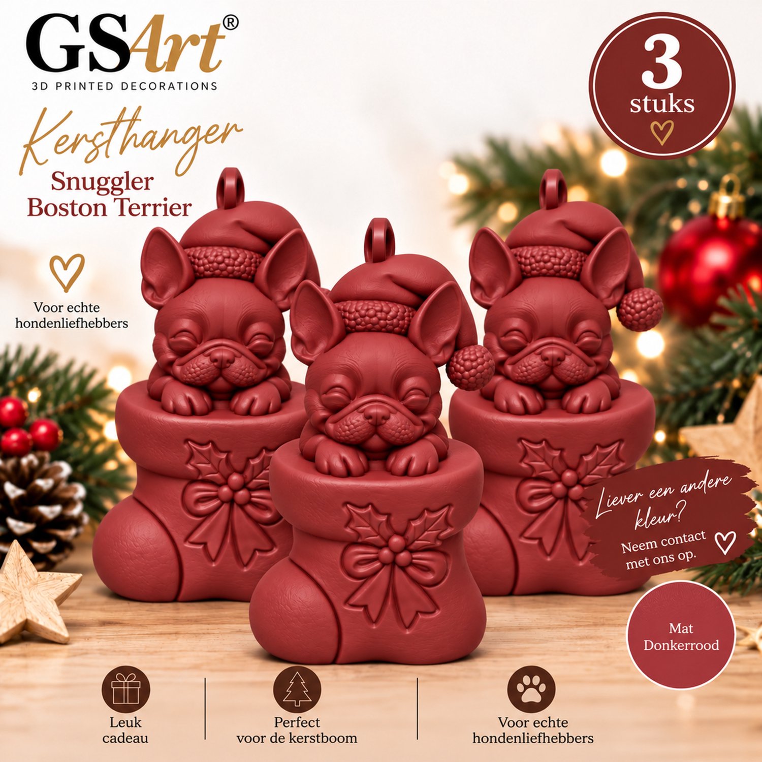 GSArt Kersthanger Hond Snuggler Boston Terrier 3 Stuks – 3D Geprinte Kerstboom Hangers – Mat Donkerrood