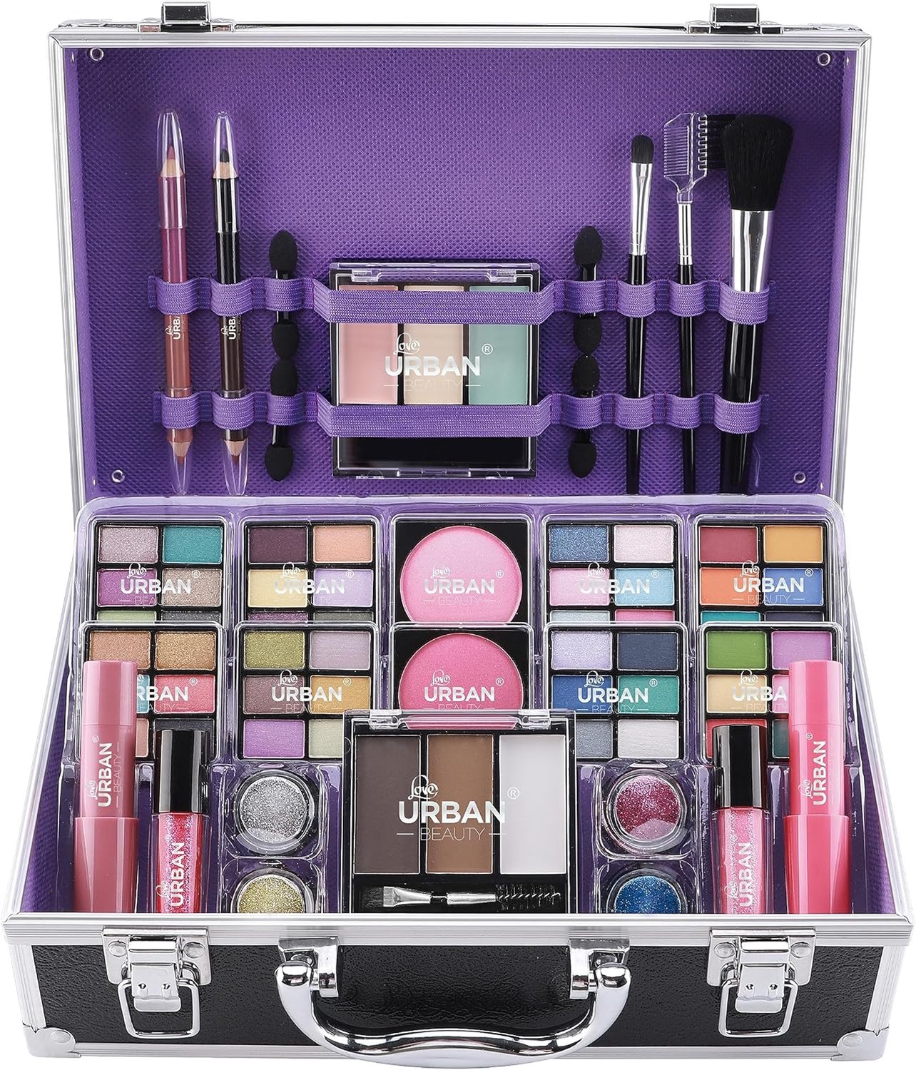 Make-up Koffer Set - Complete Make-up Set met 48 Oogschaduws, Blush, Lippenstift, Lipgloss en Wenkbrauwmake-up - Vegan Cosmetica met Kwasten en Applicators - Make-up Organizer voor Thuis en Reizen - Inclusief Aluminium Frame