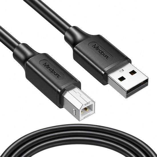 Zwarte USB-A naar USB-B printerkabel met Mindpure-logo op de connectoren.