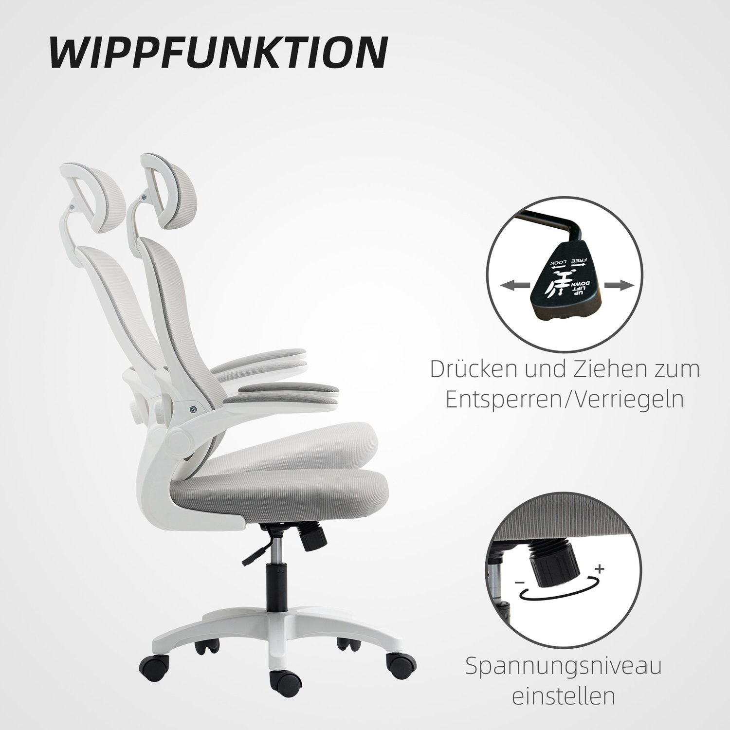 Homona Ergonomische bureaustoel - Met lendensteun, hoofdsteun en opklapbare armleuningen - In hoogte verstelbaar - 64 x 62 x 107-115 cm - Grijs/Wit