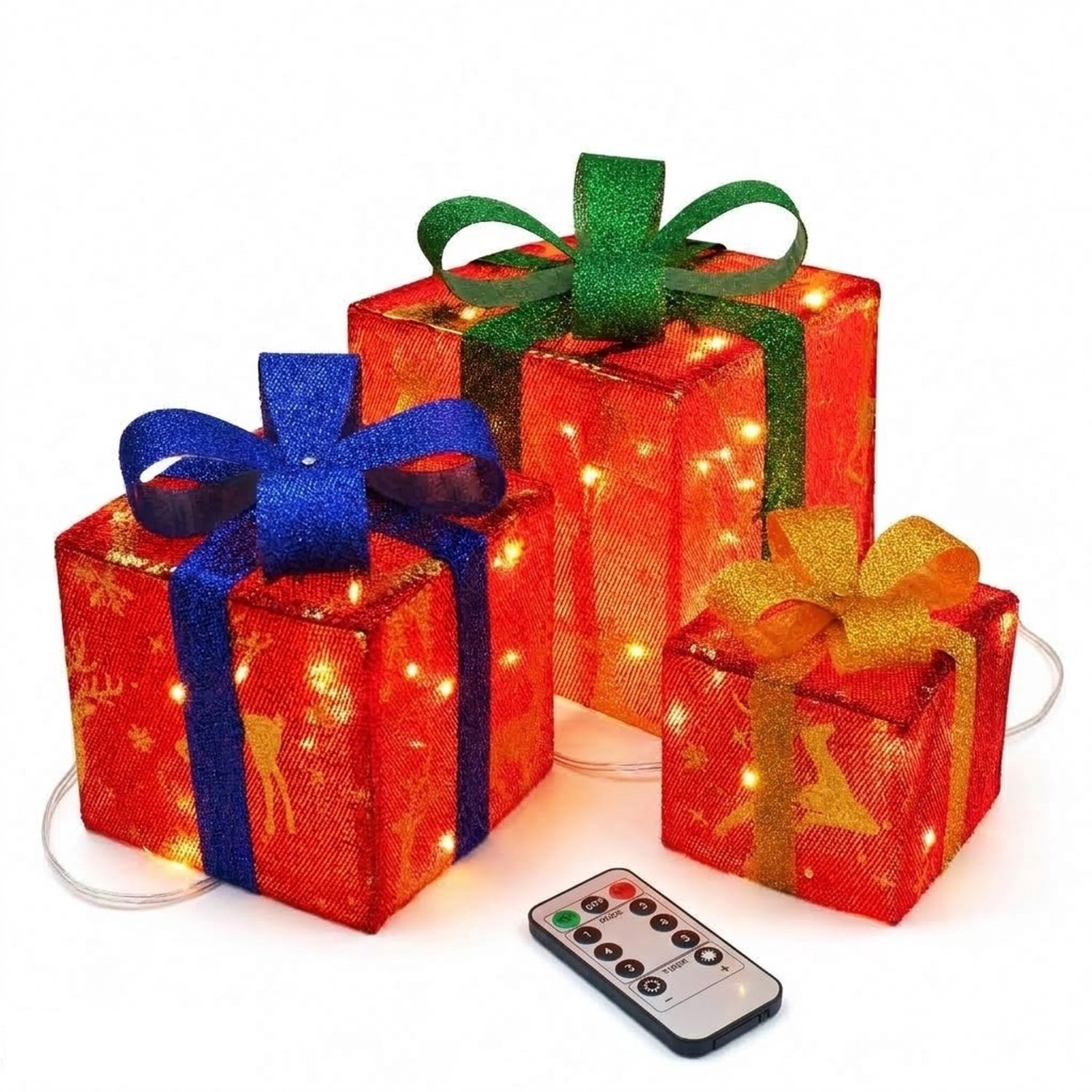 LED kerst geschenkdozen met elandpatroon (set van 3)-verlichte geschenkdozen-Kerstdecoratie Cadeaudozen met LED - 8 modi - afstandsbediening-warm wit