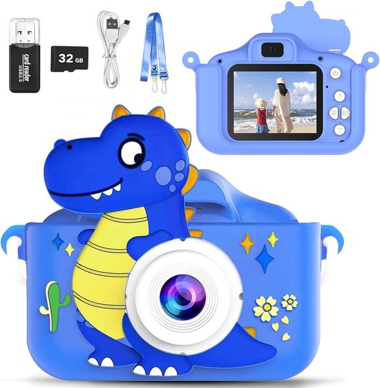 Blauwe dinosaurus kindercamera met 32GB SD-kaart, cardreader, USB-kabel en draagriem.