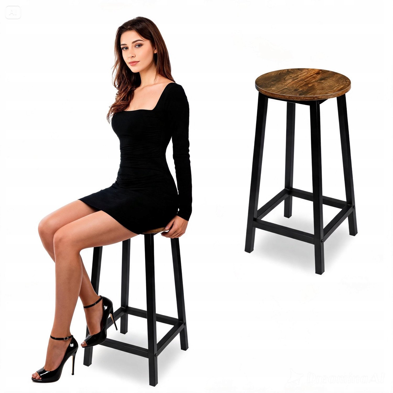 Stoere Hoker Zwart Metaal met Eikenlook Zitting - 65cm Hoog