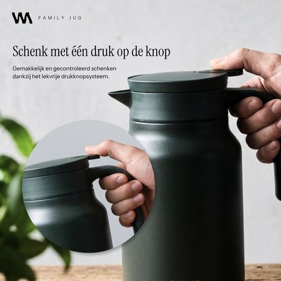 VANN® 3-wandige RVS Thermoskan 1.5L – Isoleerkan – Schenkkan met Drukknop – Voor Koffie, Thee, IJswater & Meer – VANN® Family Jug – Dark Forest Green — cadeau in Koken & Dineren - foto 6