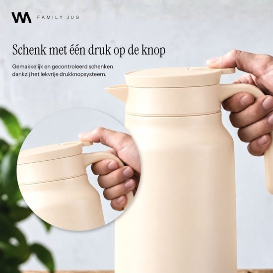 VANN® 3-wandige RVS Thermoskan 1.5L – Isoleerkan – Schenkkan met Drukknop – Voor Koffie, Thee, IJswater & Meer – VANN® Family Jug – Peach Stone — cadeau in Koken & Dineren - foto 5