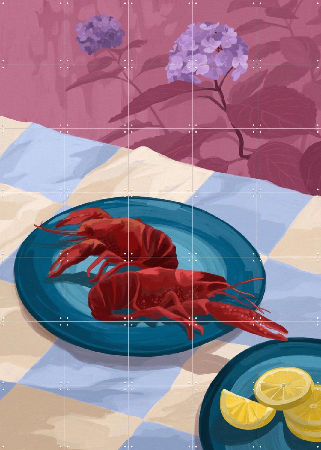 IXXI Taste Of The Lake, Goed Blauw - 100 x 140 cm - Grote wanddecoratie en posters - Modern, Illustraties, Eetkamer, Keuken, Strandhuis, Zeevruchten Rood / Paars