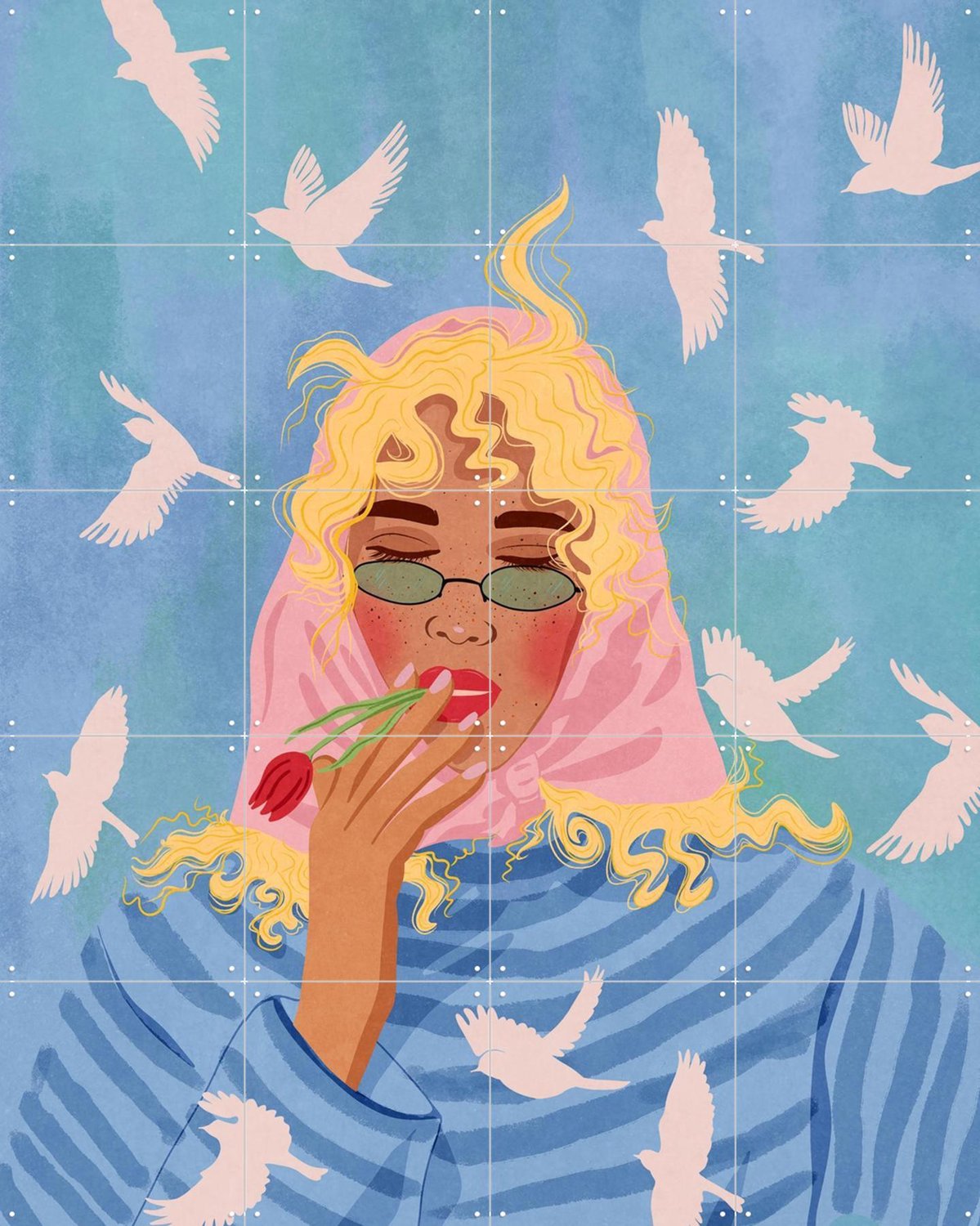 IXXI Her Mind Flies, Raissa Oltmanns - 80 x 100 cm - Grote wanddecoratie en posters - Illustraties, Speels, Digitale Kunst, Woonkamer, Gang Blauw / Roze