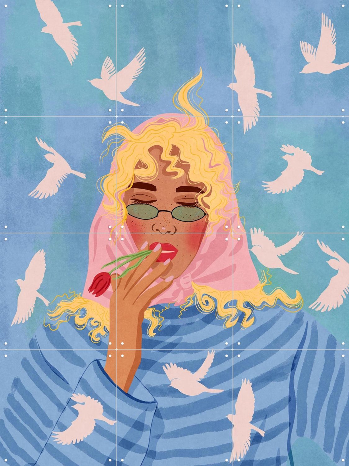 IXXI Her Mind Flies, Raissa Oltmanns - 60 x 80 cm - Grote wanddecoratie en posters - Illustraties, Speels, Digitale Kunst, Woonkamer, Gang Blauw / Roze