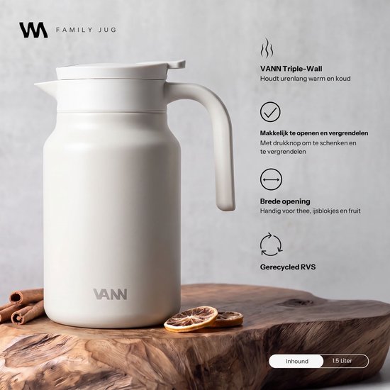 VANN® 3-wandige RVS Thermoskan 1.5L – Isoleerkan – Schenkkan met Drukknop – Voor Koffie, Thee, IJswater & Meer – VANN® Family Jug – Oatstone — cadeau in Koken & Dineren - foto 2