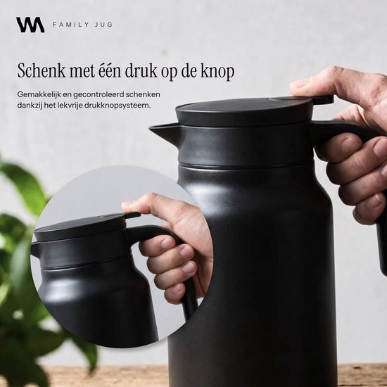 VANN® 3-wandige RVS Thermoskan 1.5L – Isoleerkan – Schenkkan met Drukknop – Voor Koffie, Thee, IJswater & Meer – VANN® Family Jug – Zwart — cadeau in Koken & Dineren - foto 5