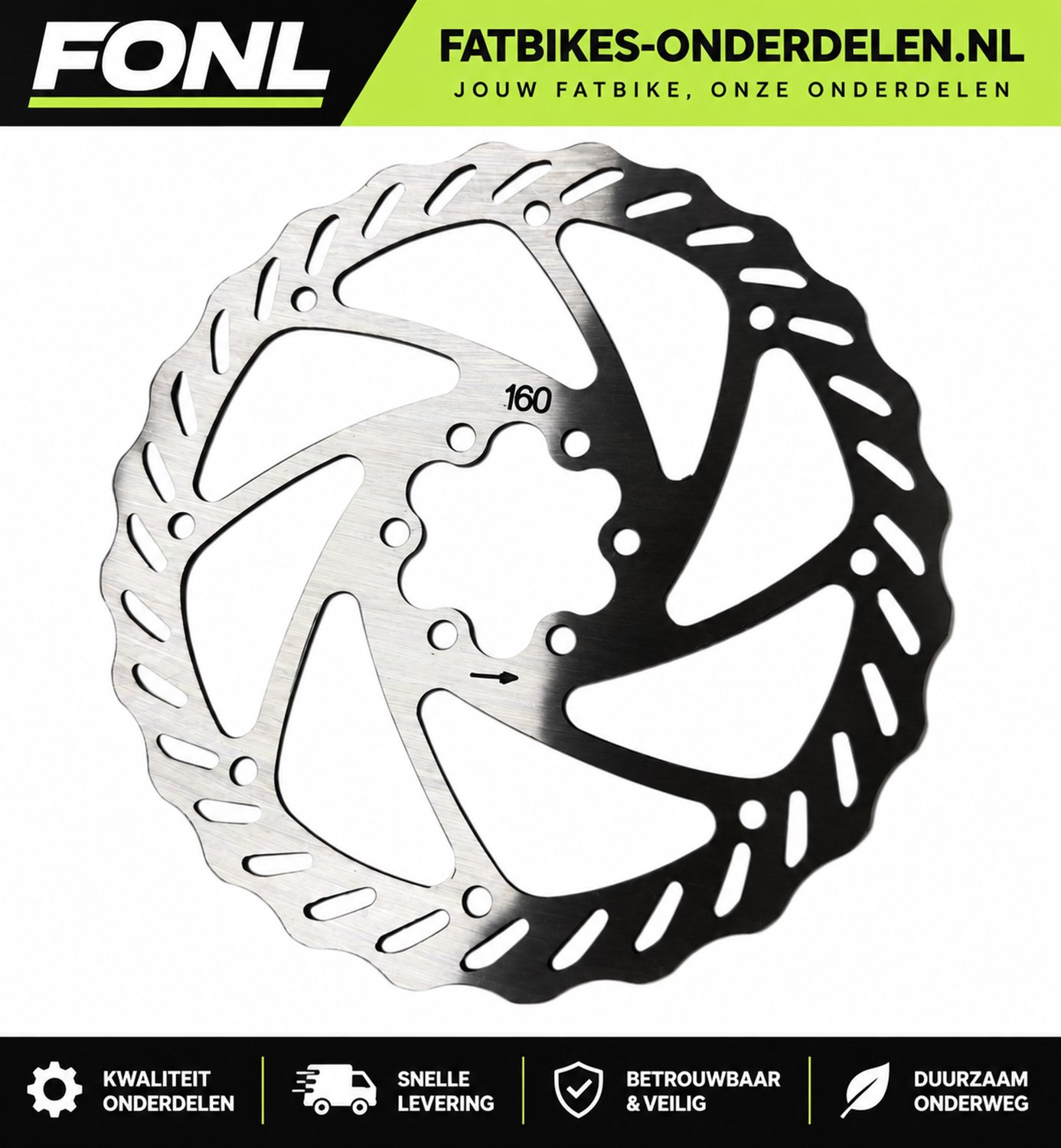 FONL Remschijf 160 mm Fatbike - Schijfrem Rotor voor Ouxi V8, V20 en QMWheel - Remschijf Elektrische Fiets - Zwart