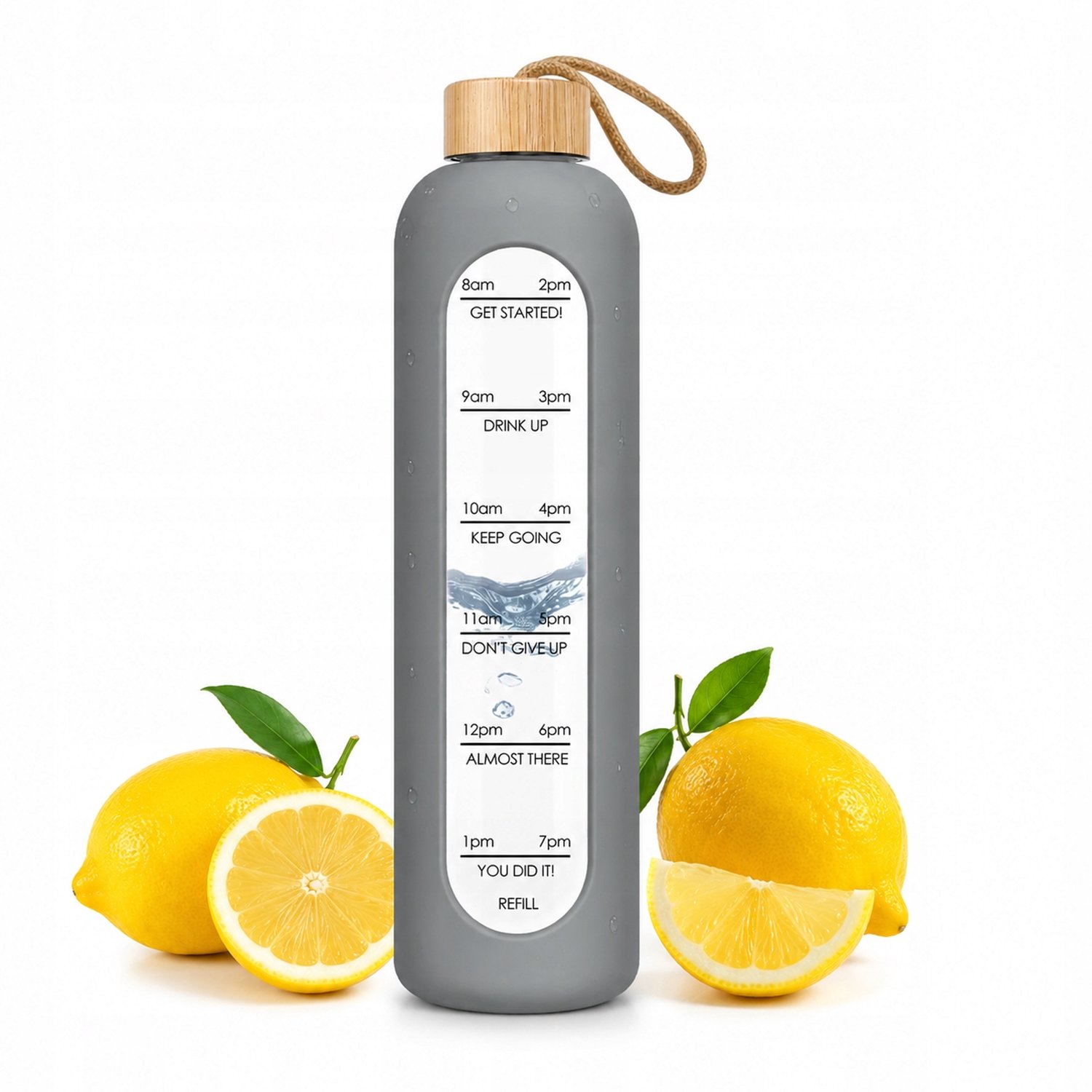 Glazen Waterfles 750ml met Motiverende Tijdmarkering & Siliconen Hoes