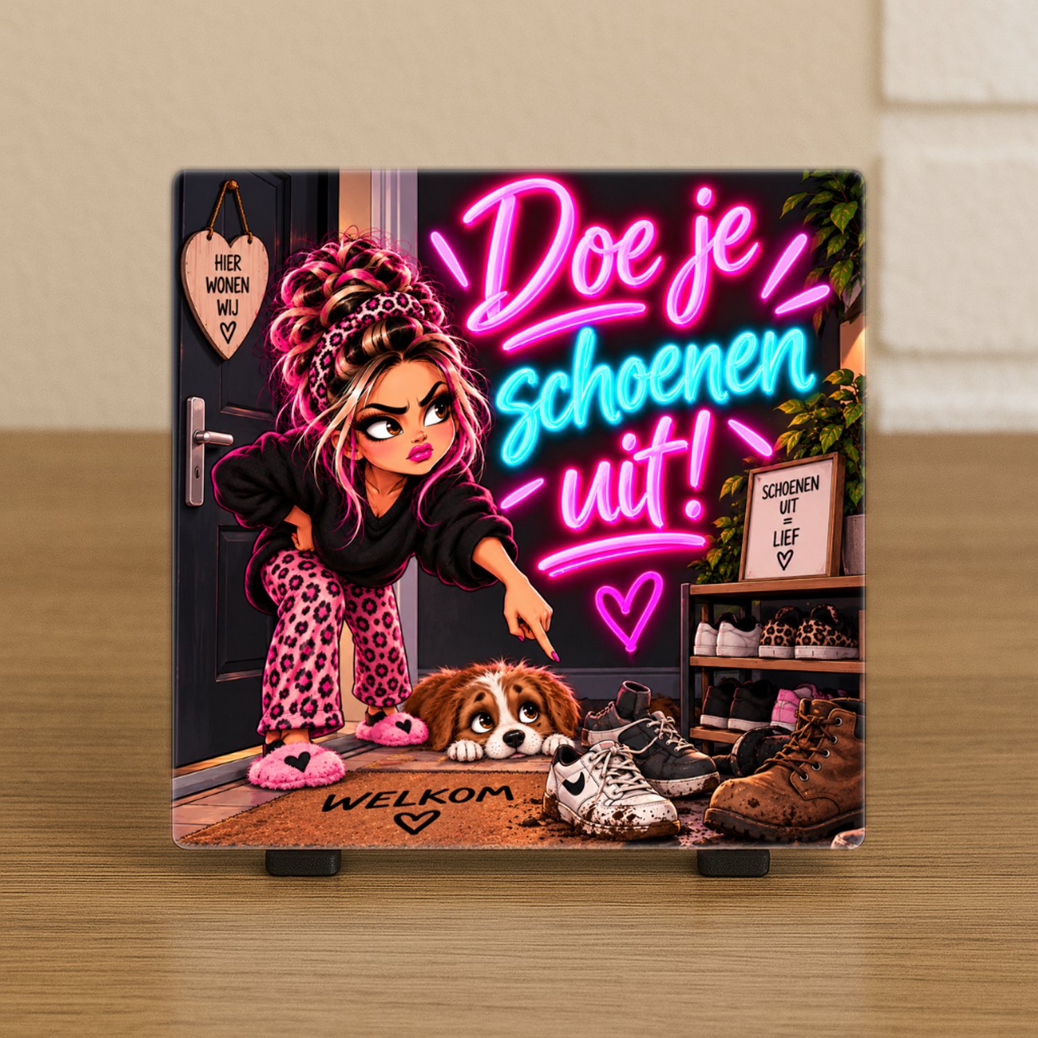 CreaCraft Spreuktegel: Doe je schoenen uit! - Tegeltje met tekst – Cadeau voor familie, vriend, vriendin, collega of zomaar – Wenstegeltje - Brievenbuscadeau - CreaCraft