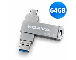 Norva USB Stick 64GB – USB-C & USB-A 3.0 – SnapStick - Plug & Play – 2-in-1 Geheugenstick – Geschikt voor iPhone, Android, MacBook, Laptop & PC