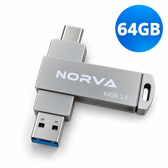 Zilverkleurige Norva USB-stick met dubbele aansluiting (USB-A en USB-C), 64GB.