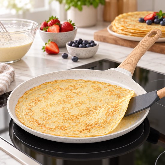 Hakal Crêpepan 28 cm – Pannenkoekenpan met Lage Rand - Premium Anti-aanbaklaag – Crème – Houtlook Handgreep