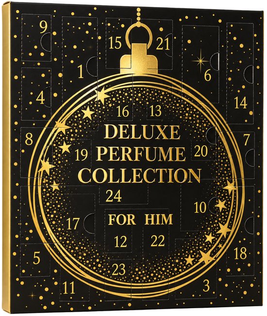 Adventskalender met gouden opdruk 'DELUXE PERFUME COLLECTION FOR HIM' en 24 vakjes genummerd 1 t/m 24.