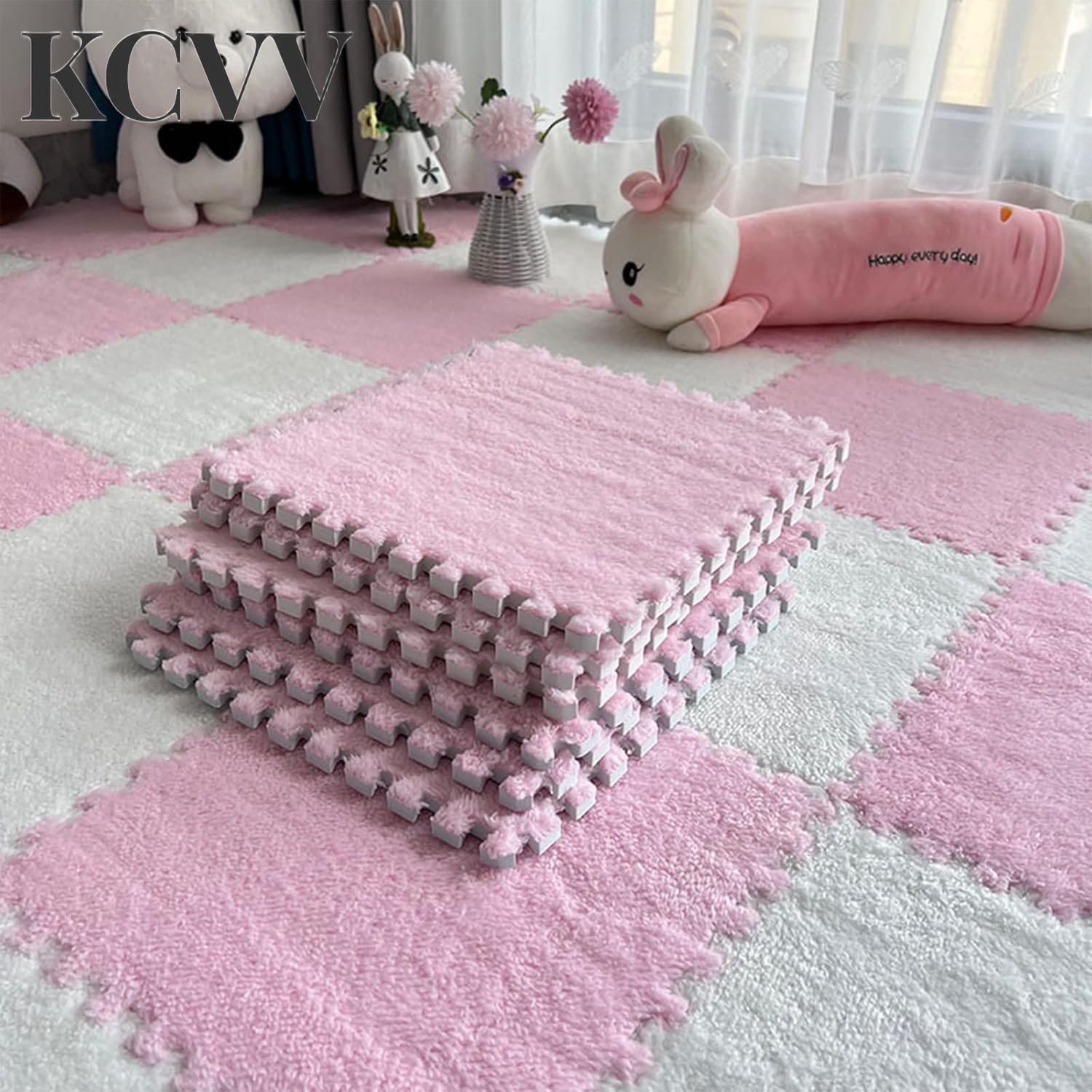 puzzelmat baby-puzzelmat-puzzelmat fitness-Set van 12 in elkaar grijpende pluche schuimmatten - Vloermatten met rand voor de woonkamer - Gestoffeerd puzzelkleed voor de slaapkamer - 6 lichtroze + 6 witte - 30 cm