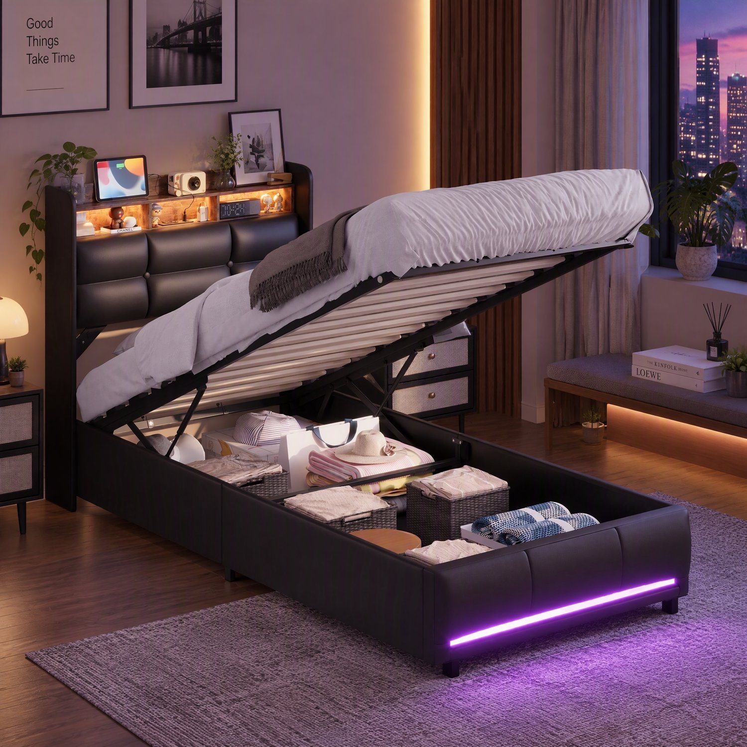 MEXUS Opbergbed 90x200 cm met LED-verlichting en USB-poort, Eenpersoonsbed met hydraulische opbergruimte en gewatteerd hoofdbord, Bed 90x200 met lattenbodem, PU-leer Zwart