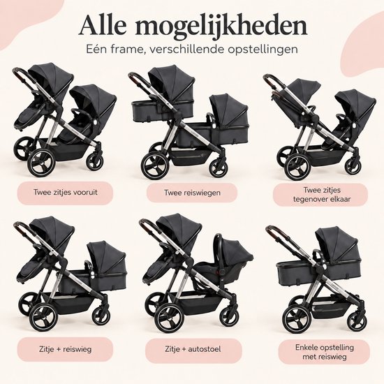 Lunola Noah Duo Kinderwagen - Dubbele Buggy voor Tweeling of Baby en Peuter - Afneembaar Zitje - Compact en Opvouwbaar - Donker Grijs — afbeelding 5