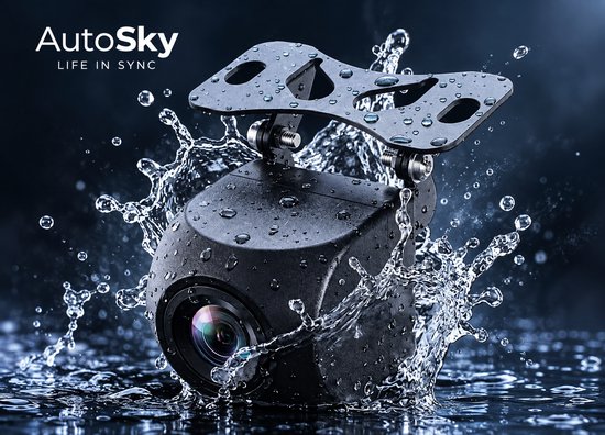 AutoSky achteruitrijcamera in zwarte behuizing bespat met waterdruppels op een donkere ondergrond.