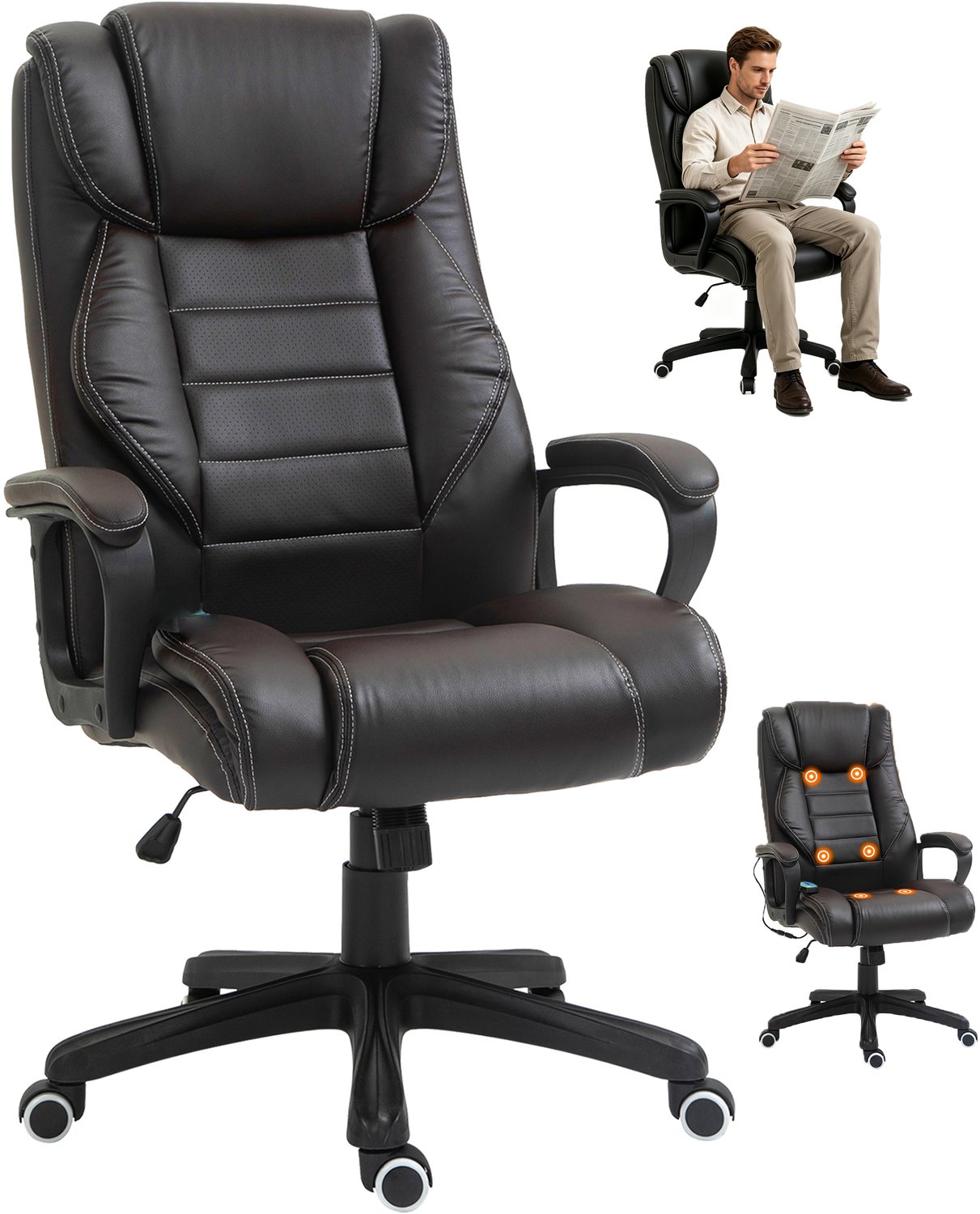 Massagestoel - Bureaustoel - Directiestoel - Kantoorstoel - Bruin Kunstleer - 6-Punts Massage, Wipfunctie & Verstelbare Zithoogte - Max. 120 kg