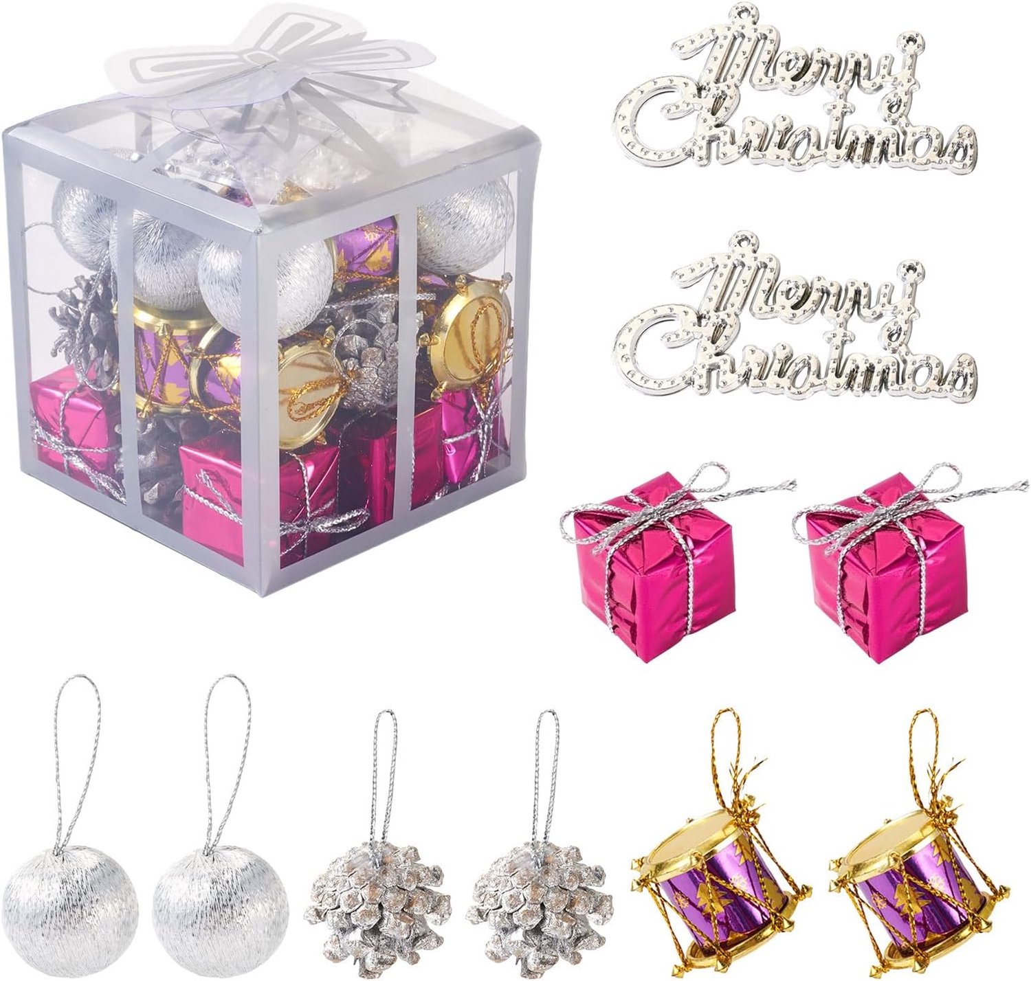 ZVD Kerstboomversiering – Bevat diverse stijlen zoals kleine plastic trommeltjes, cadeaupakketjes, kerstballen, 'Merry Christmas'-bordjes en dennenappels – Geschikt voor het versieren van kerstbomen, feestlocaties en deuren of muren in huis – Paars