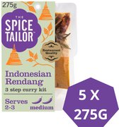 The Spice Tailor Indonesische Rendang 3-staps currykit, 275g. Paarse verpakking met oranje accenten en illustraties van tempels.