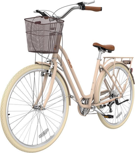 Vooraanzicht van een koffiebruine RCB-stadsfiets met metalen mand, bruin zadel en witte banden.