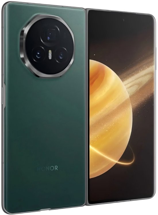 Aanzicht van de Honor Magic V3 in groen, half opengeklapt, focus op de cameramodule en de ringplaneet op het scherm.