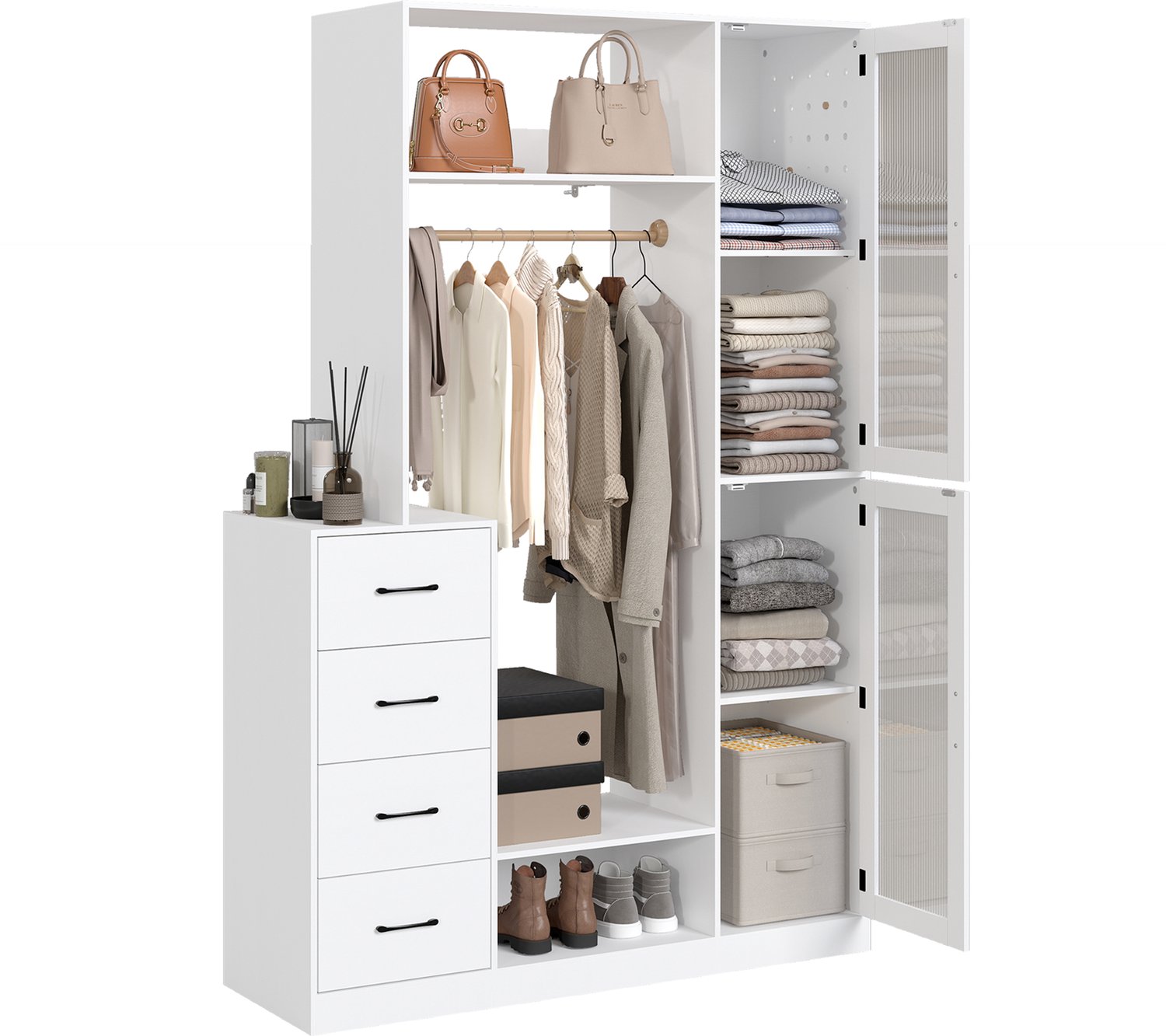 Puluomis - Kledingkast - 122.5x 180 cm - Kledingrek - 4 Lades - 7 Planken - 2 haken - Wit
