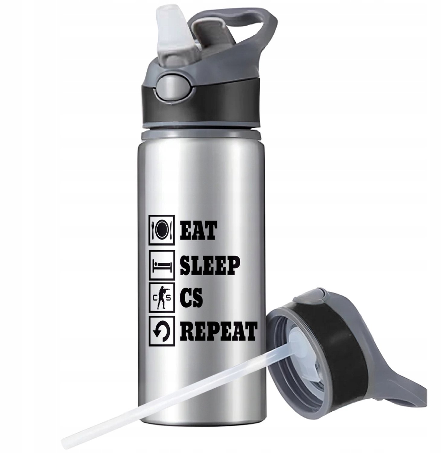 Aluminium Sport Bidon 650ml met Rietje & Handvat - Zilver