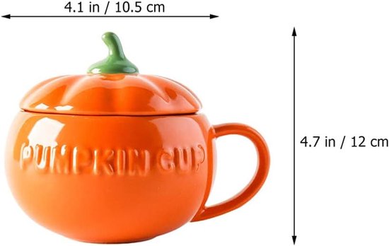 Pompoen mok met deksel, keramische mok van 4,7 inch hoog, pompoenvormige keramische mok voor melk en ontbijtgranen, met deksel, geschikt voor thuisgebruik en Halloween-feestjes — afbeelding 2