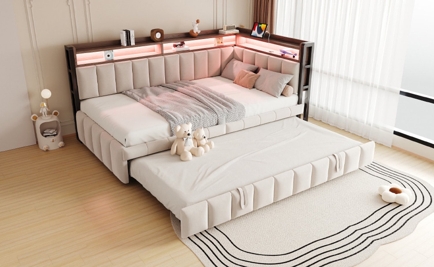 COVREO Slaapbank met uitschuifbed – 90x200 cm – Bedbank met LED en USB-C – Slaapplek voor woonkamer – Beige - zonder matras