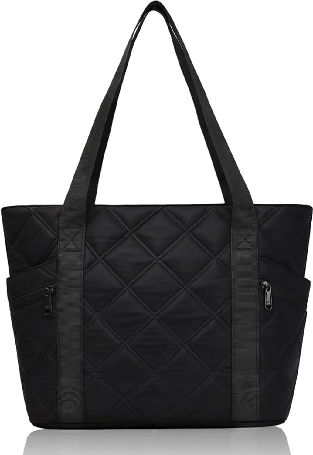 Shopper dames - Gewatteerde schoudertas voor werk - Grote handtas met ruitpatroon - Laptopvak met klittenbandsluiting - Negen verschillende opbergvakken - Polyester met dubbele naden - Zwart - 39,6 x 16 x 32 cm