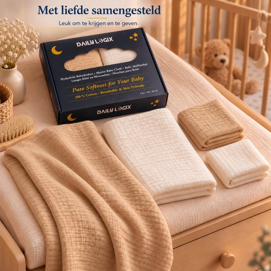 Daily Logix geschenkdoos met beige en off-white hydrofiele doeken op een commode.