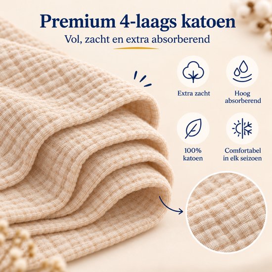 Close-up van een 4-laagse beige mousseline doek met iconen die de zachtheid, absorptie en 100% katoen benadrukken.