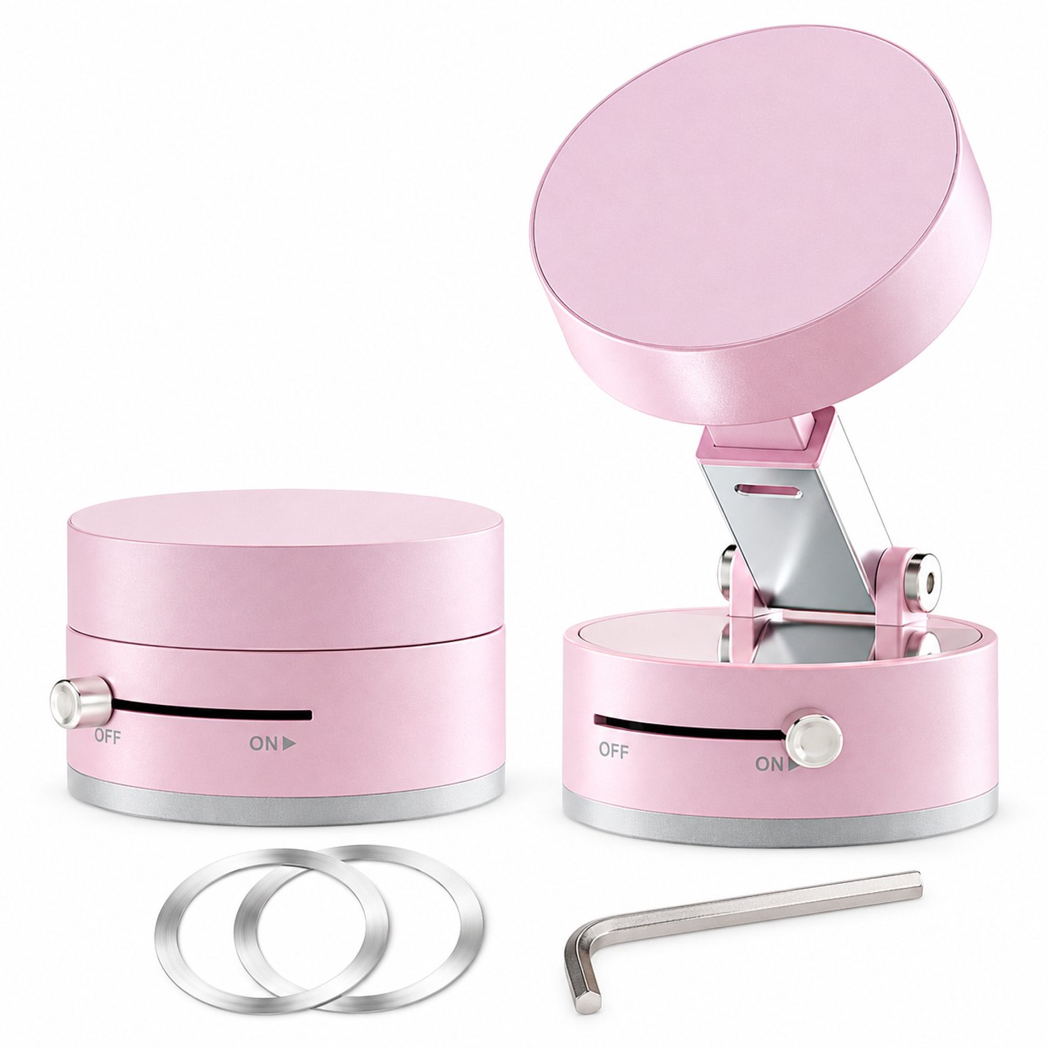 Roze magnetische telefoonhouder voor op een bureau, met zuignapvoet, inklapbare arm en verstelbare hoek