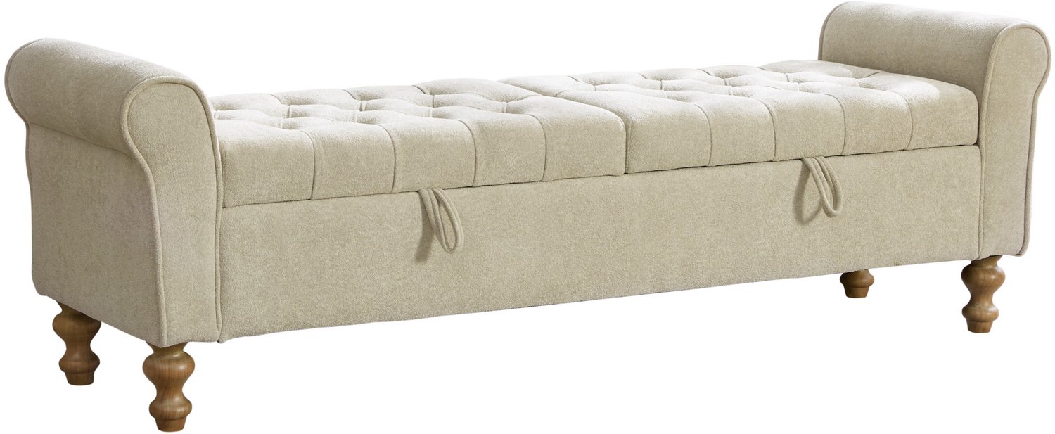 MUVANO Opbergbank met twee kleppen - Chenille bekleding - Houten poten - Met armleuningen - 156 x 46 x 51 cm - Zitten en opbergen - Woonkamer en slaapkamer greige
