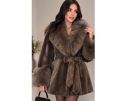 Dames Jas - Imitatiebontkraag en Ceintuur - dames jas, teddy jas, imitatiebont jas, winterjas dames, bontkraag jas, luxe winterjas