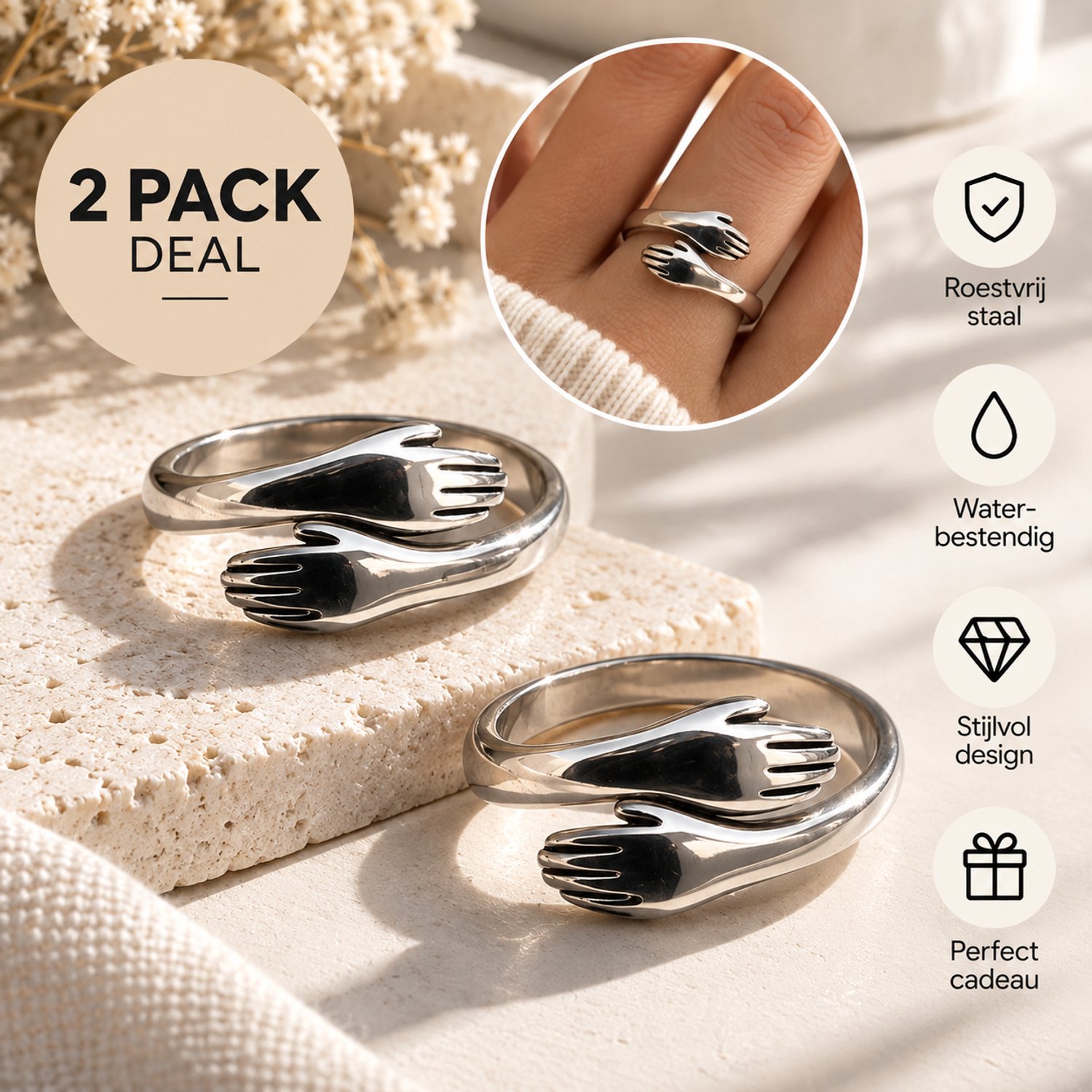 Zilvaré Always Ring 2-Pack – Set van 2 Zilverkleurige Vriendschapsringen met Handen Design en ‘Always with You’ Gravering – Dames Sieraden – Cadeauset