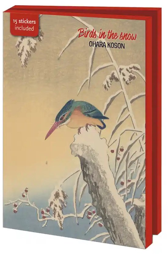 Kaartenmapje 'Birds in the snow' van Ohara Koson met ijsvogel in de sneeuw, inclusief 15 stickers.