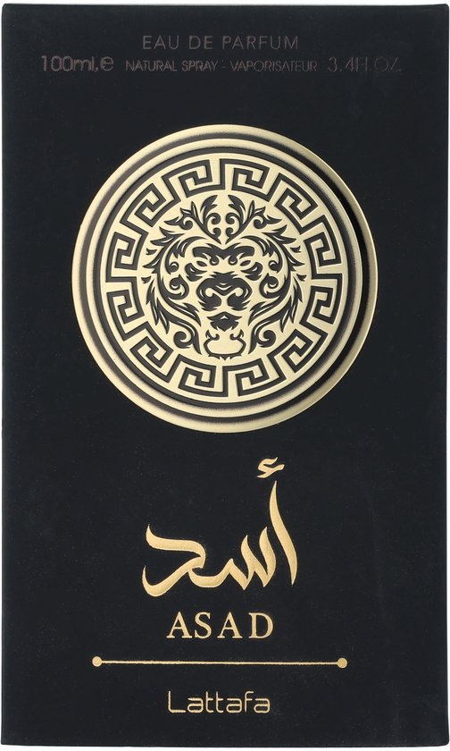 Zwarte Lattafa Asad parfumdoos met gouden leeuwembleem, Arabische tekst en Eau de Parfum opdruk.