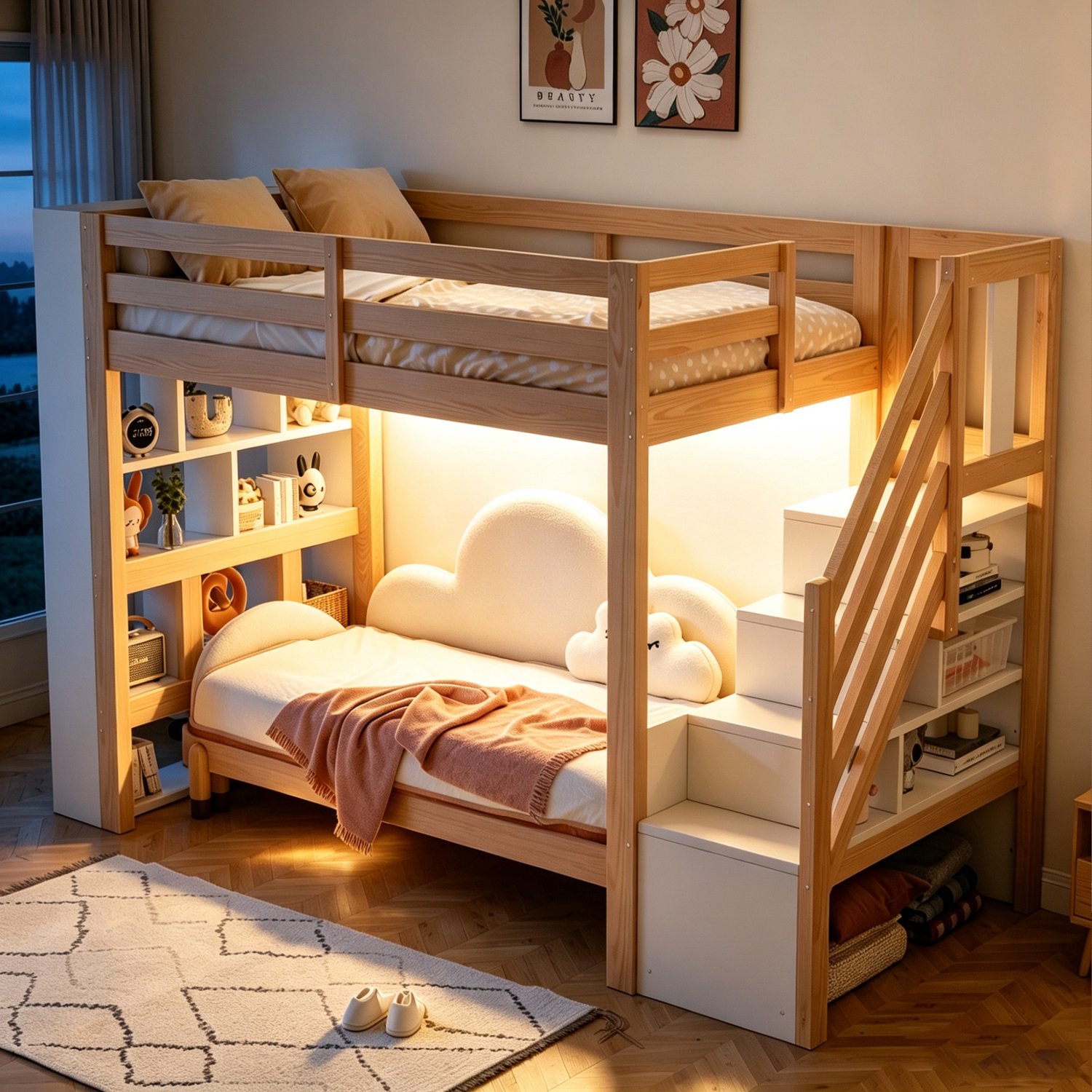 COVREO Hoogslaper met opbergtrap – 90x200 cm – Kinderbed met LED en veiligheidshekken – 274x96x175 cm – Naturel/wit - zonder matras Natuurlijk hout en wit
